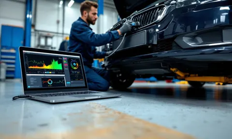 Teknisyenin araç OBD soketine diagnostik cihaz kablosu bağlaması
