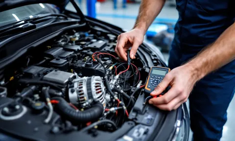 Ustanın motor bölmesinde alternatör ve aküyü ölçü aletiyle test etmesi