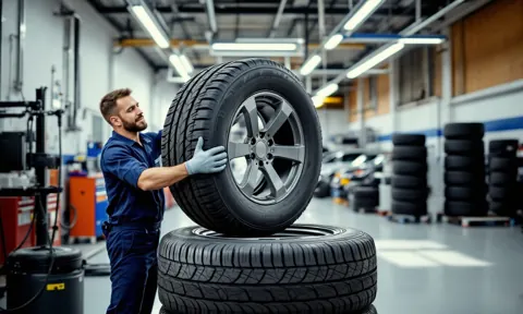Serviste yeni lastiğin jantına takılması ve balans makinesi