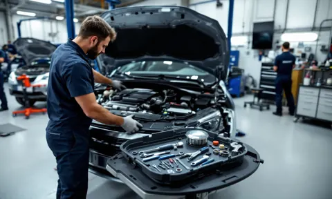 Usta tarafından motor bölmesinde tamir çalışması yapılan otomobil