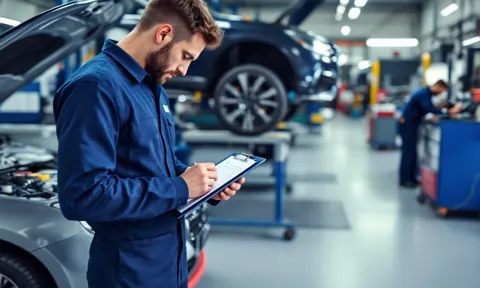 Periyodik bakım için kaputu açık otomobil ve kontrol listesiyle servis teknisyeni